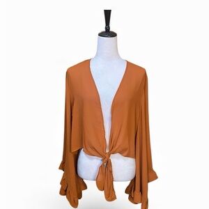 NWT  Frill Bell Sleeve Rust Orange Tie-Front Blouse